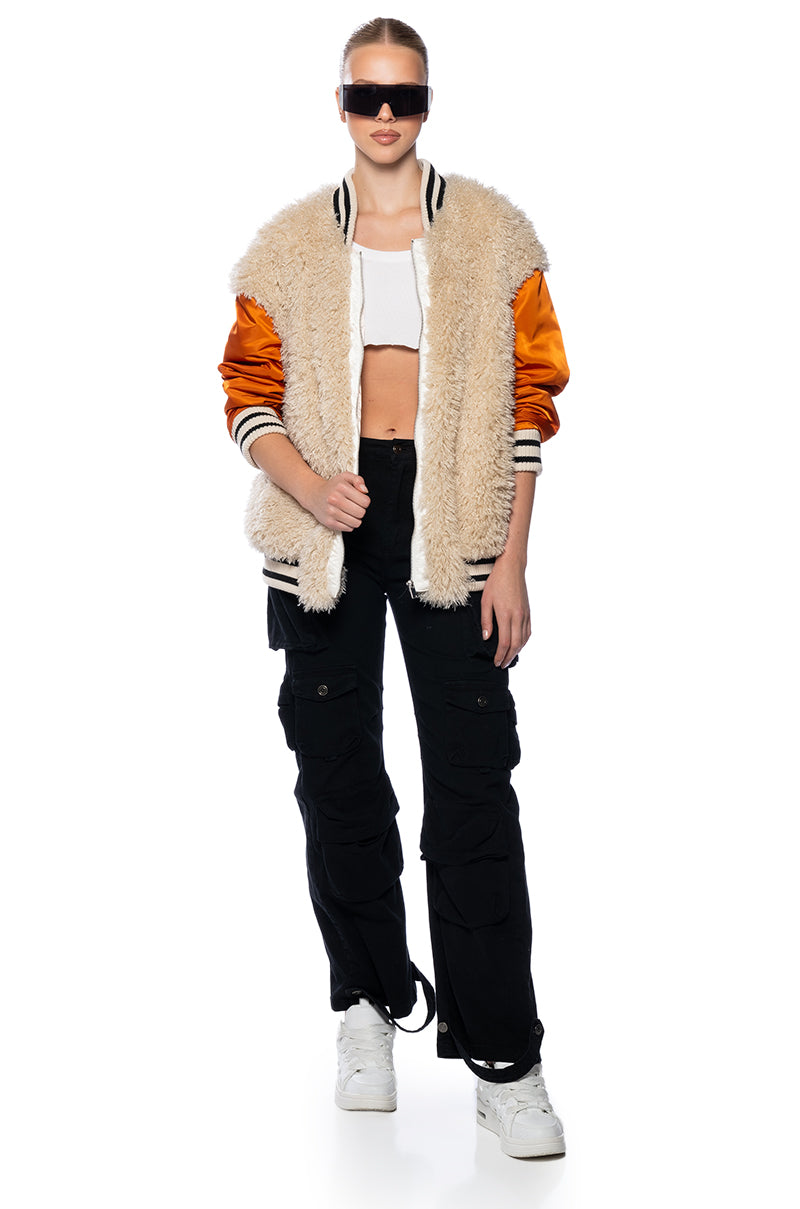 FUR BODICE NYLON VARSITY BOMBER