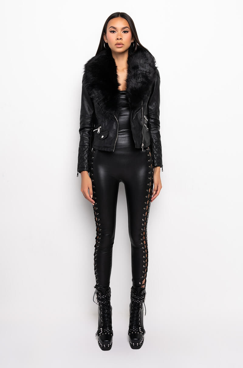 REACH FOR MORE FAUX FUR COLLARED MOTO JACKET