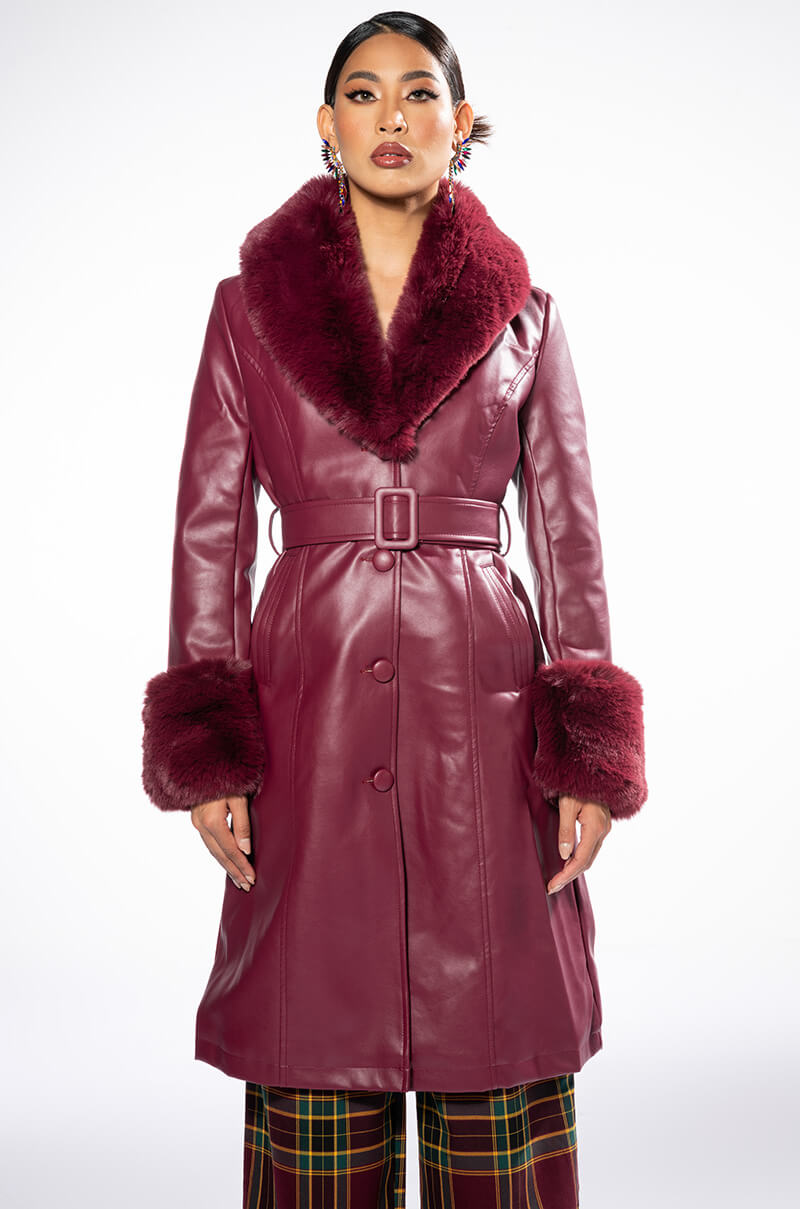 AZALEA WANG MARBOLO PU TRENCH WITH FAUX FUR TRIM