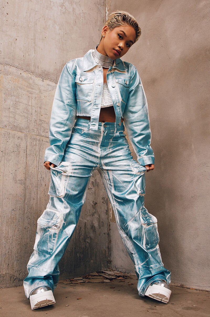 AUBREY BRUSHED METALLIC CROPPED DENIM JACKET