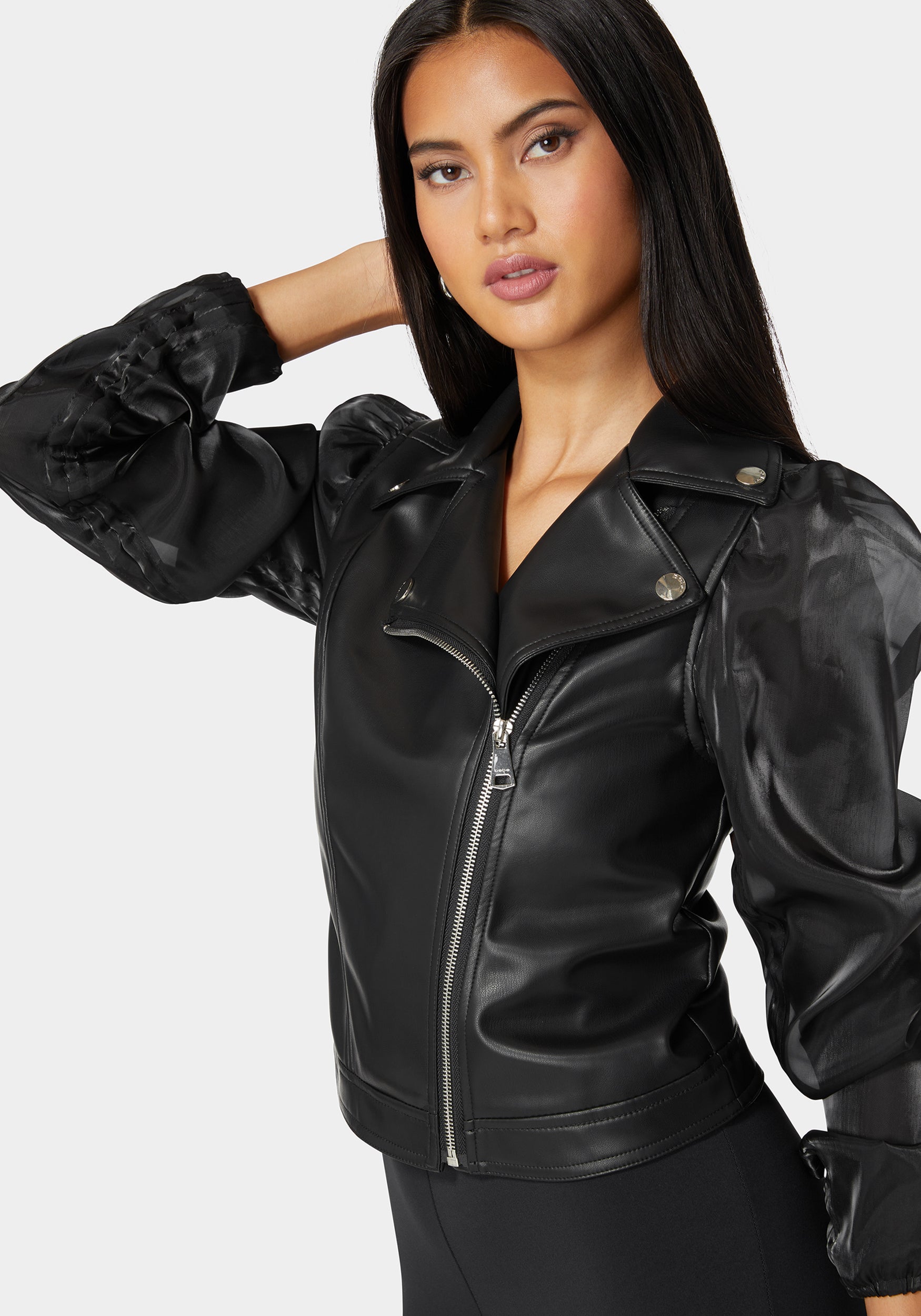 Ruched Organza Sleeve Vegan Leather Moto Jacket