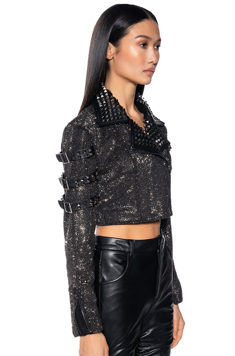 NEFELI LUXE RHINESTONE STUD MOTO JACKET