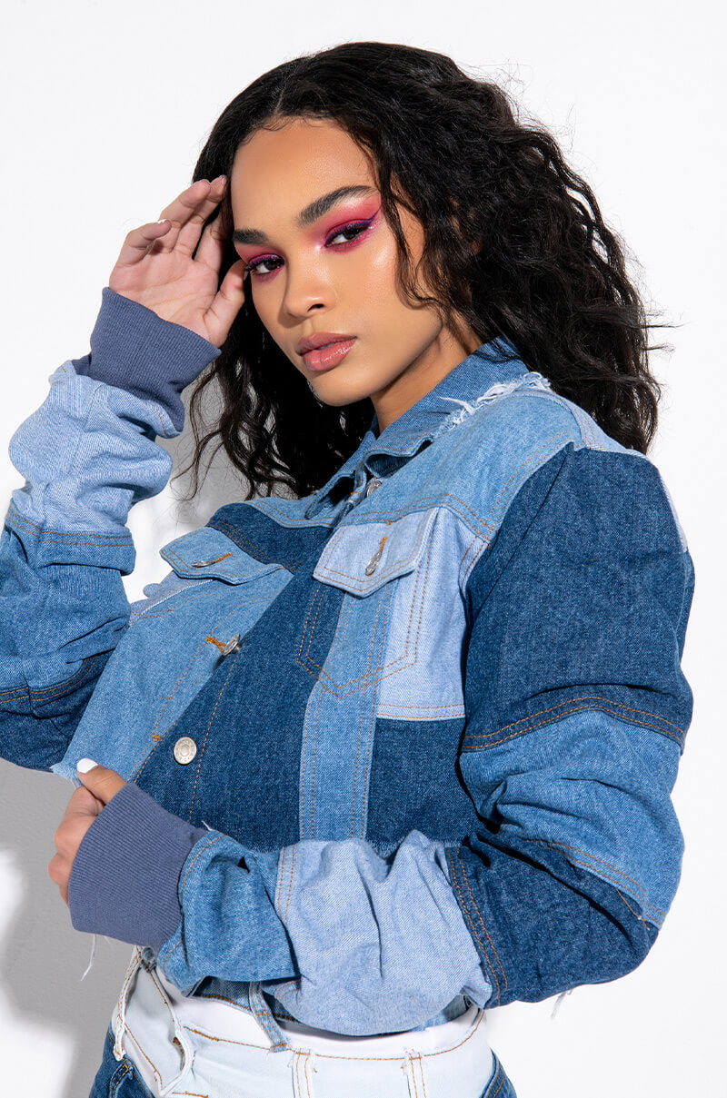 STACKED PATCH WORK CROP DENIM JACKET