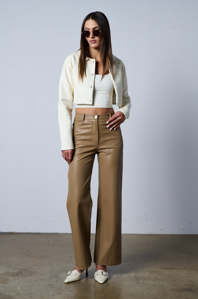 DRESSY CROPPED FAUX LEATHER BLAZER IN IVORY