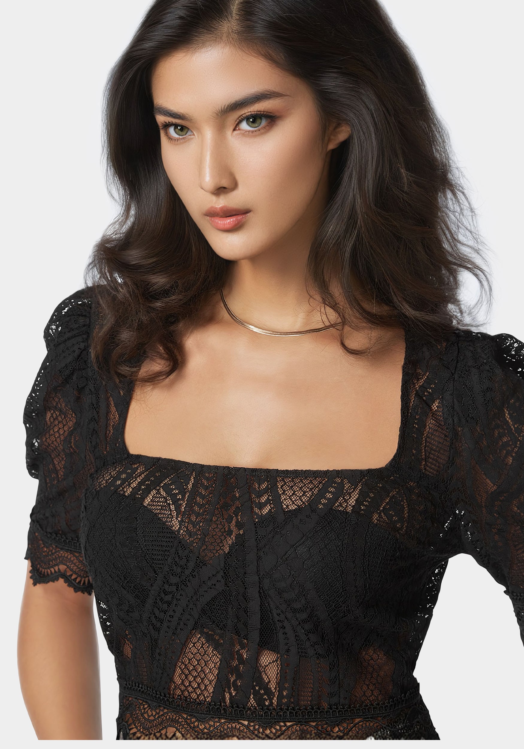 Scallop Hem Lace Trapeze Neck Top