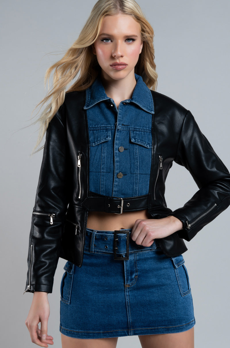 BEST OF BOTH WORLDS DENIM MOTO JACKET