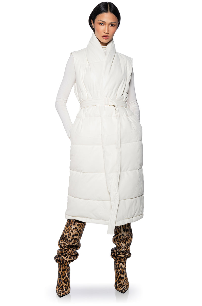 LONG PUFFER VEST WITH BELT