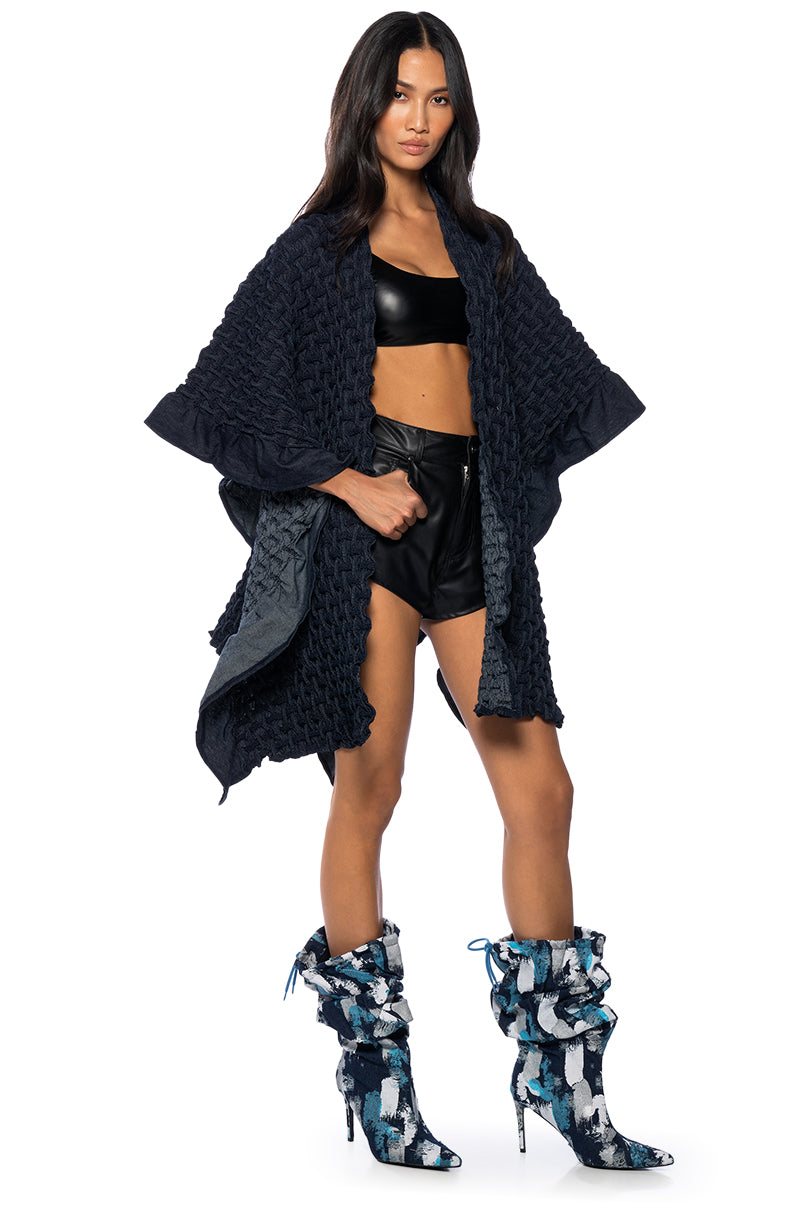 DENIM WEAVE EFFECT PONCHO