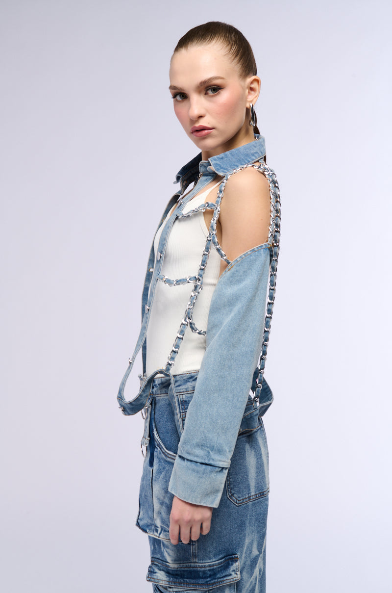 CAGED DENIM AND EXPOSED BODICE JACKET