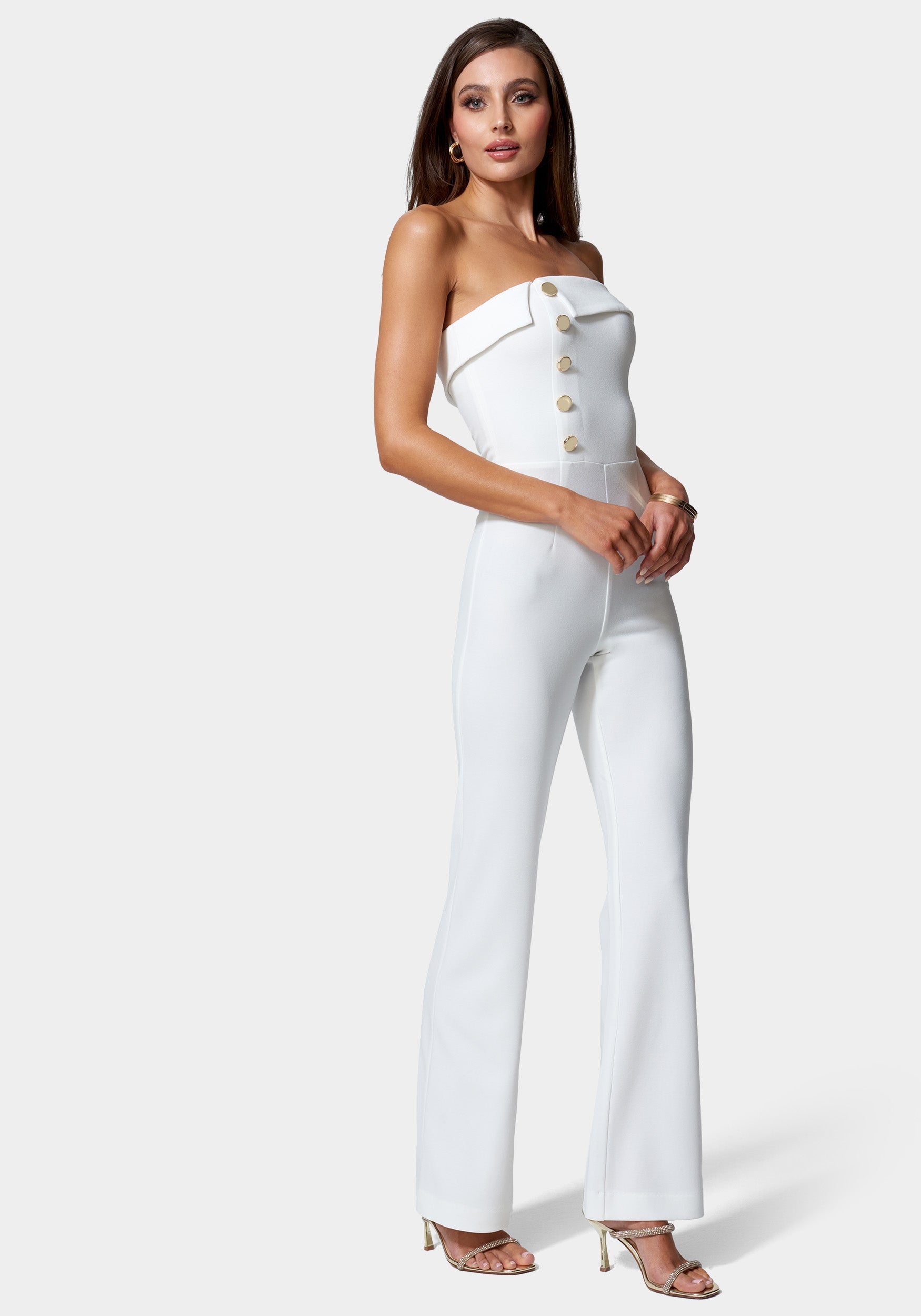 Knit Crepe Strapless Button Detail Wide Leg Jumpsuit