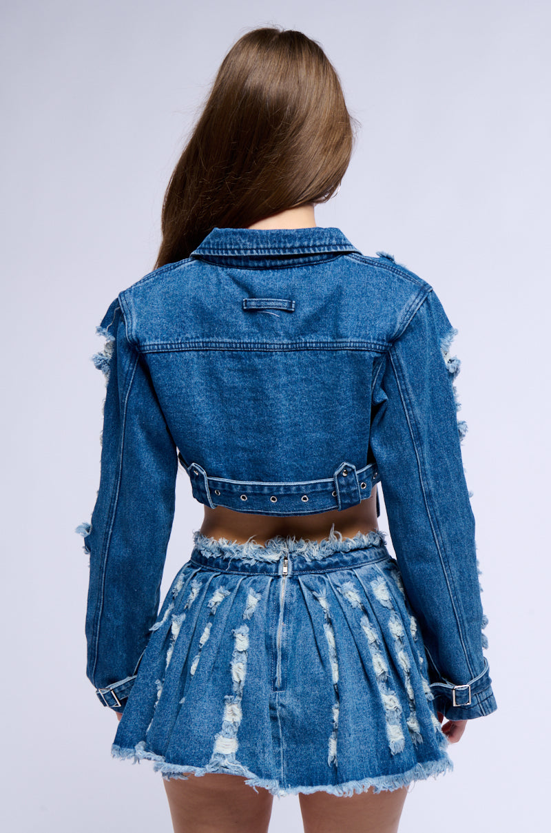 STRESSED OUT CUT OUT CROP DENIM JACKET