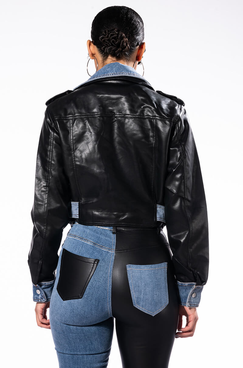 DOUBLE TROUBLE DENIM MOTO JACKET