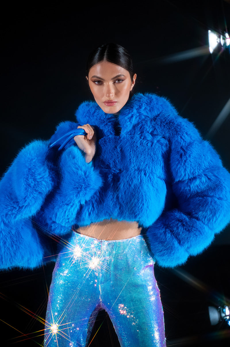 YETI FAUX FOX FUR COAT IN BLUE