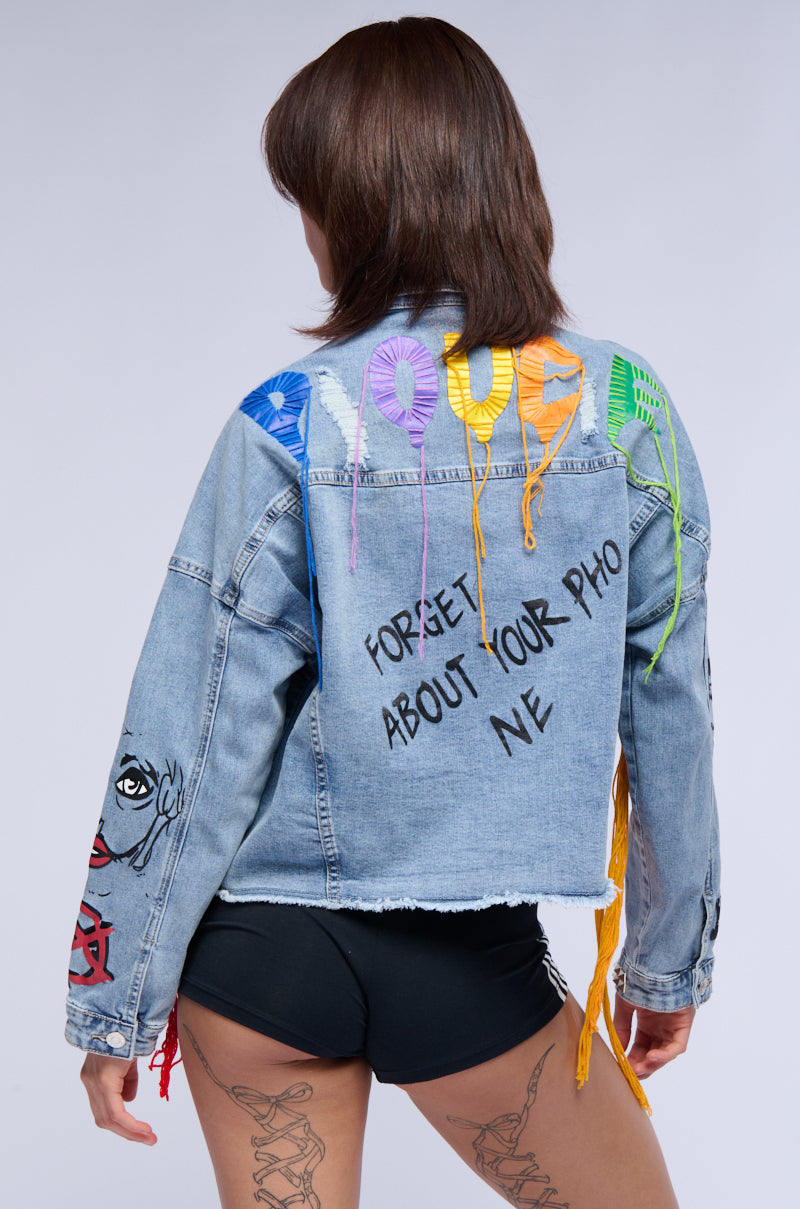 LOST IN THE CITY STUDDED YARN APPLIQUE DENIM JACKET