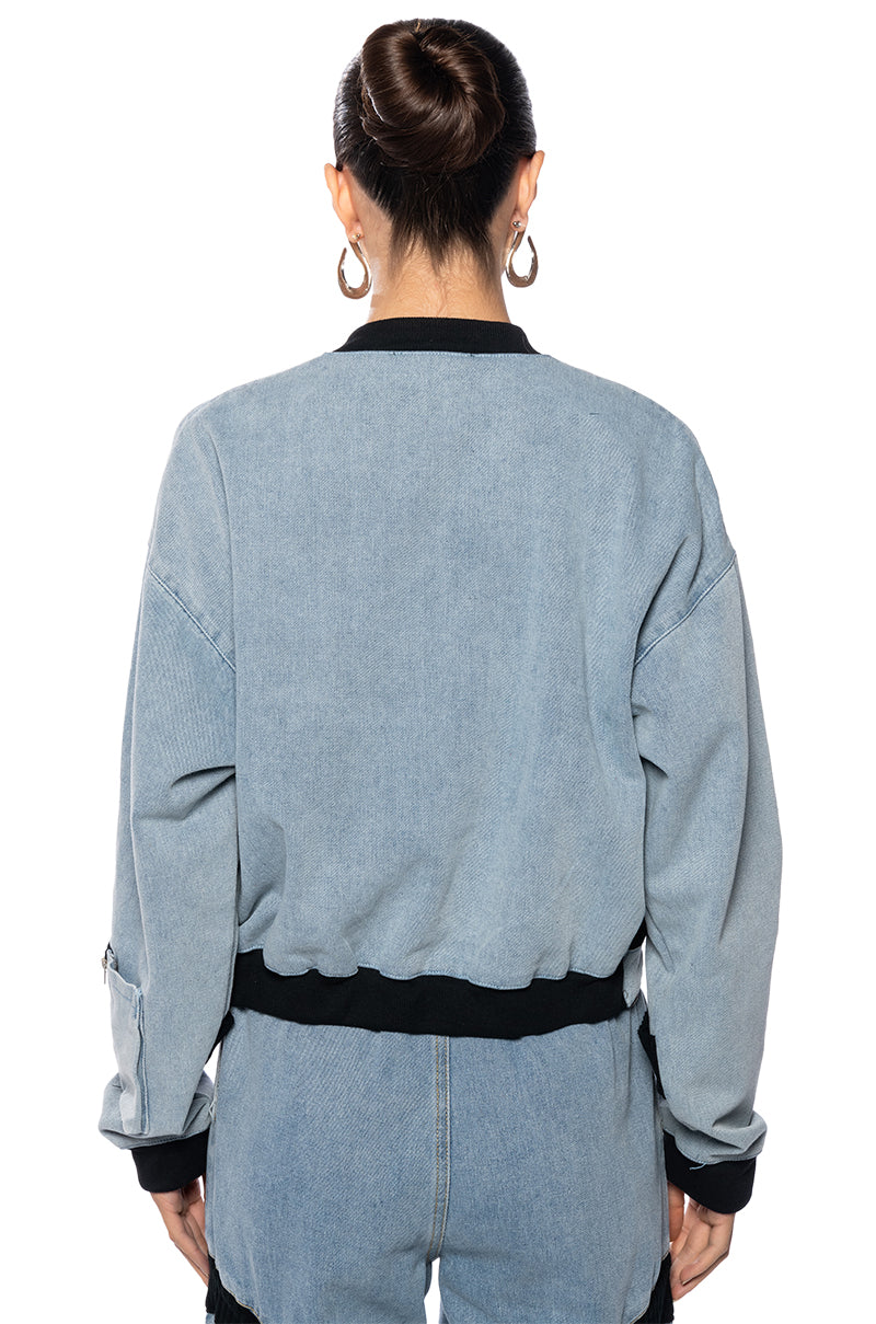 CURVE EFFECT RIB DENIM BOMBER