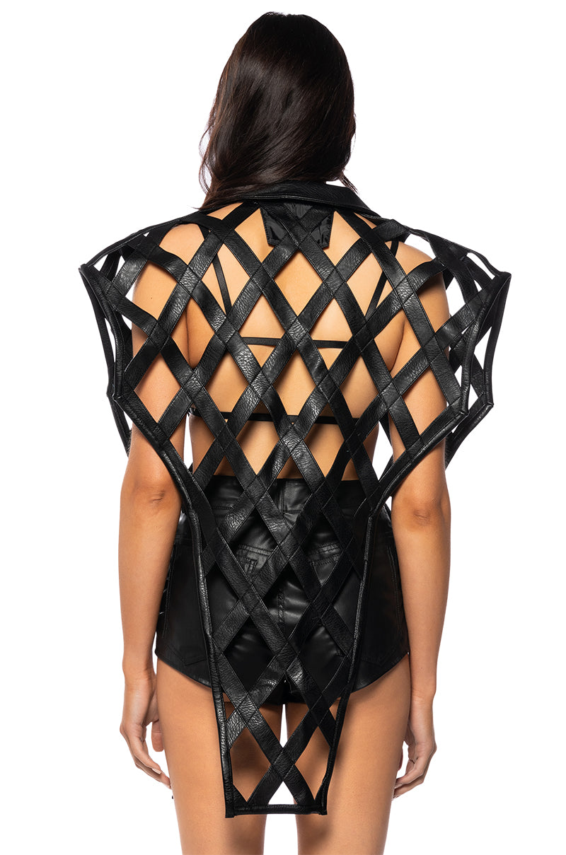 CAGED PU MOTO VEST WITH FRONT DRAPE