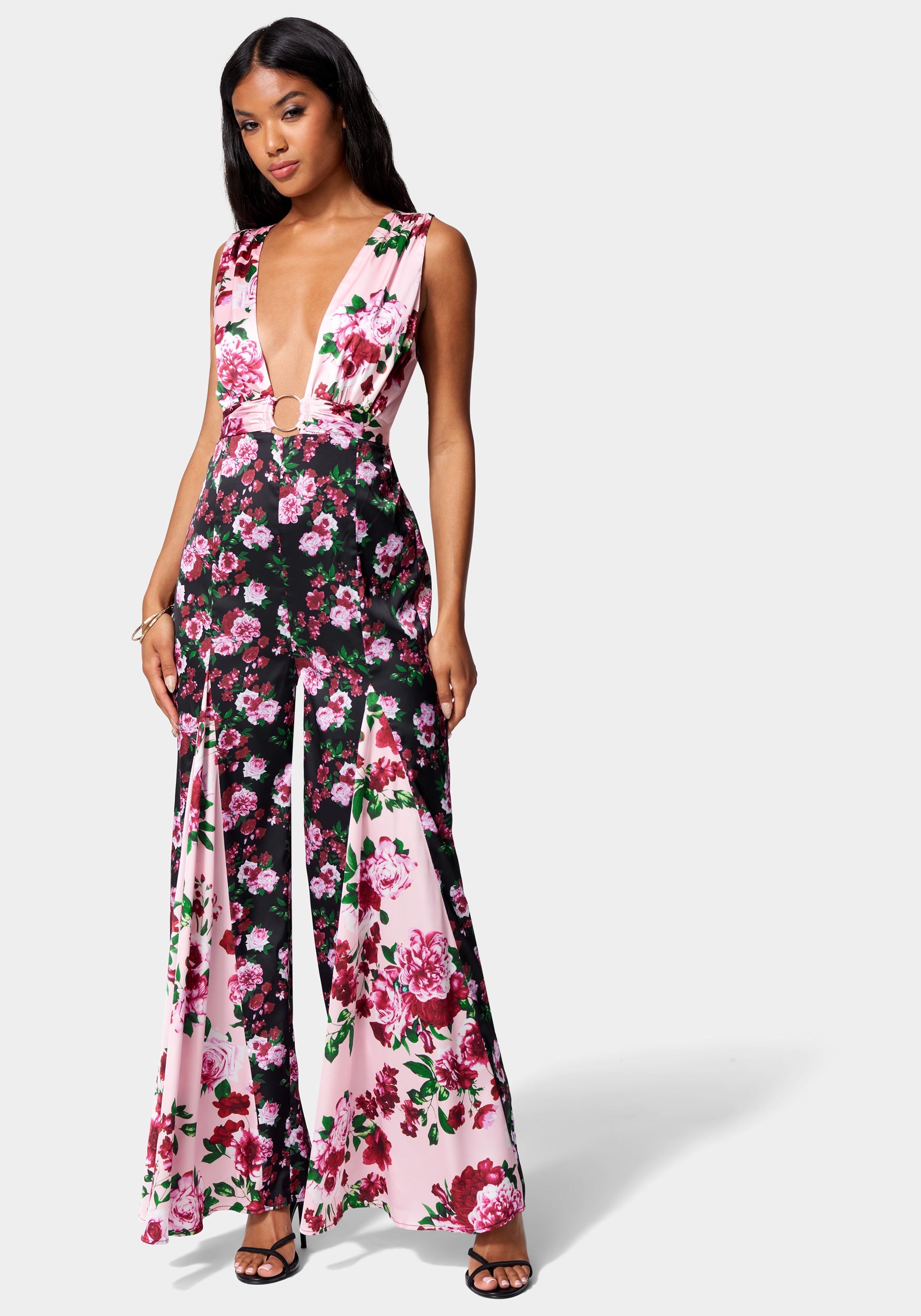 Printed Deep V Godet Leg Jumpsuit