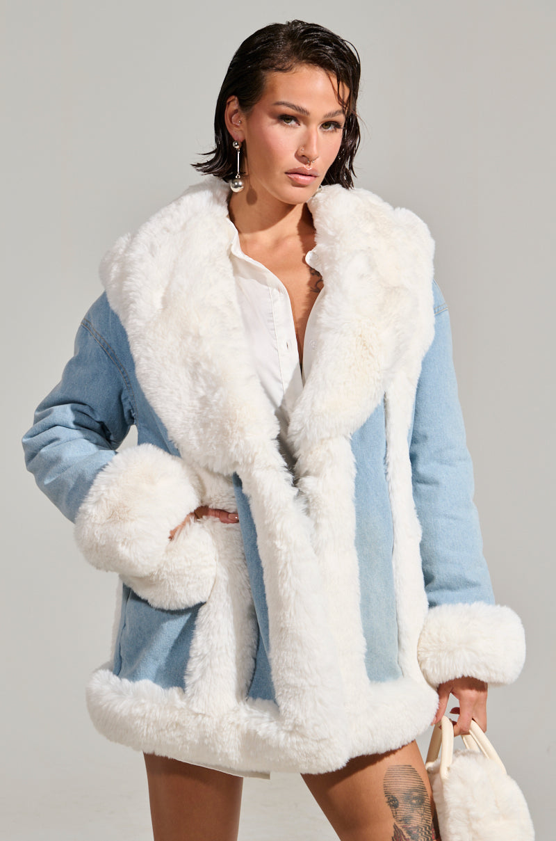 SITTING PRETTY FUR TRIM DENIM COAT