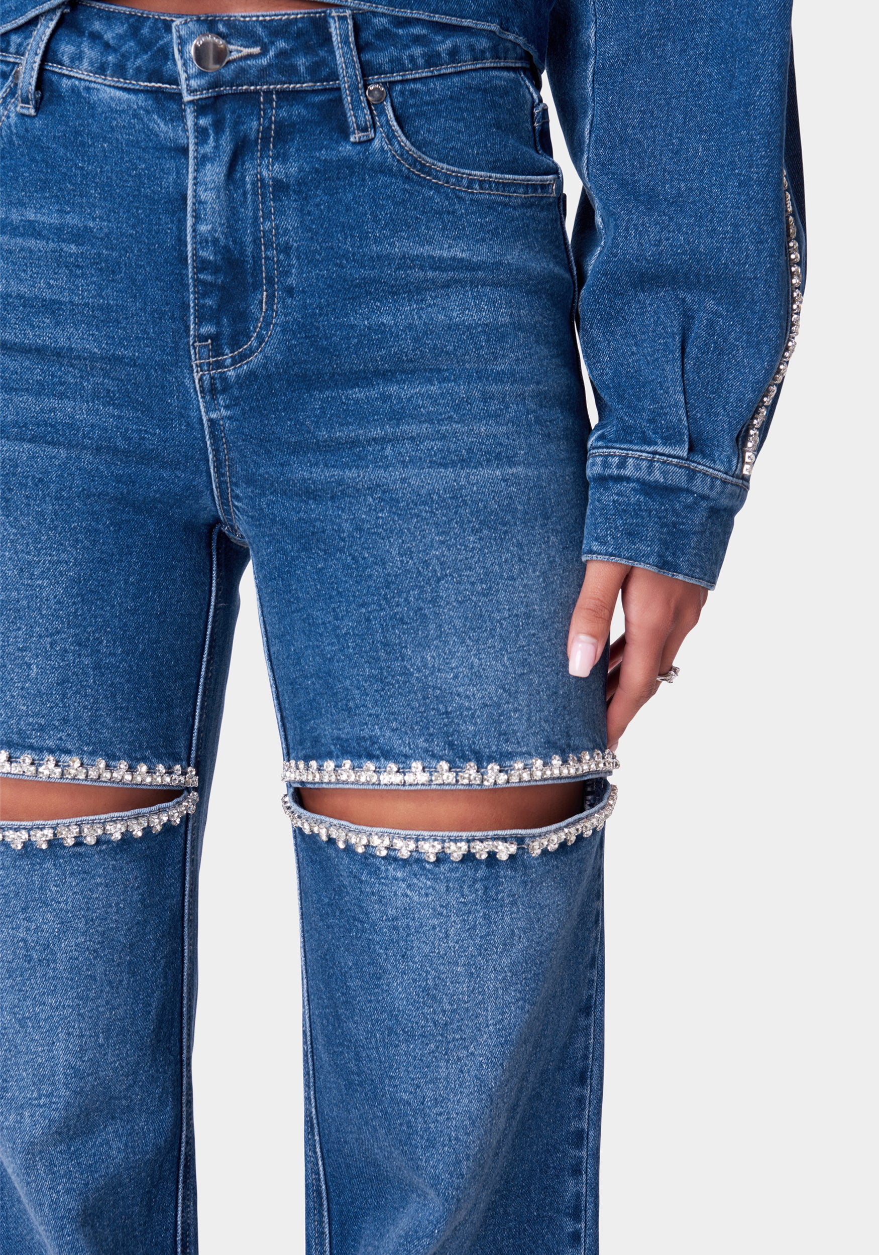 Natural Waist Rhinestone Detail Wide Leg Jean