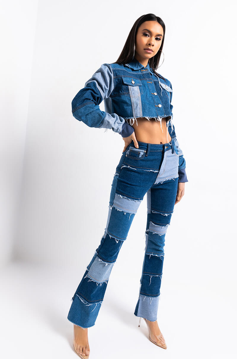 STACKED PATCH WORK CROP DENIM JACKET