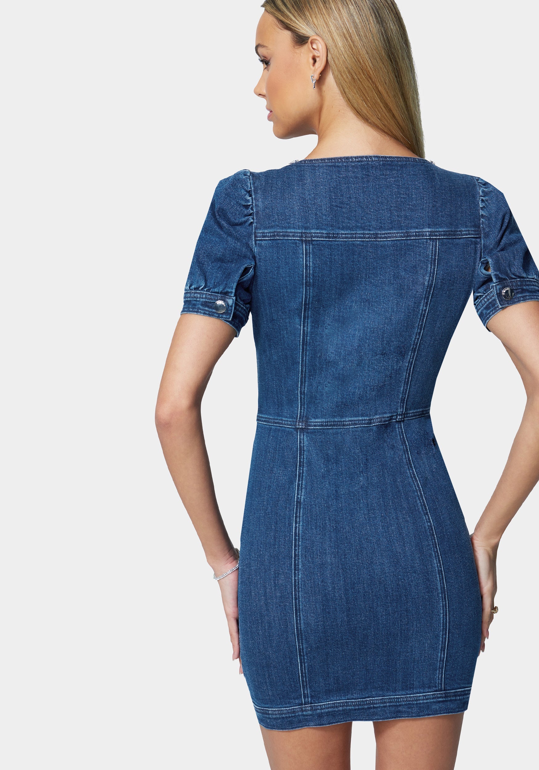 Jewel Trim Sweetheart Denim Dress