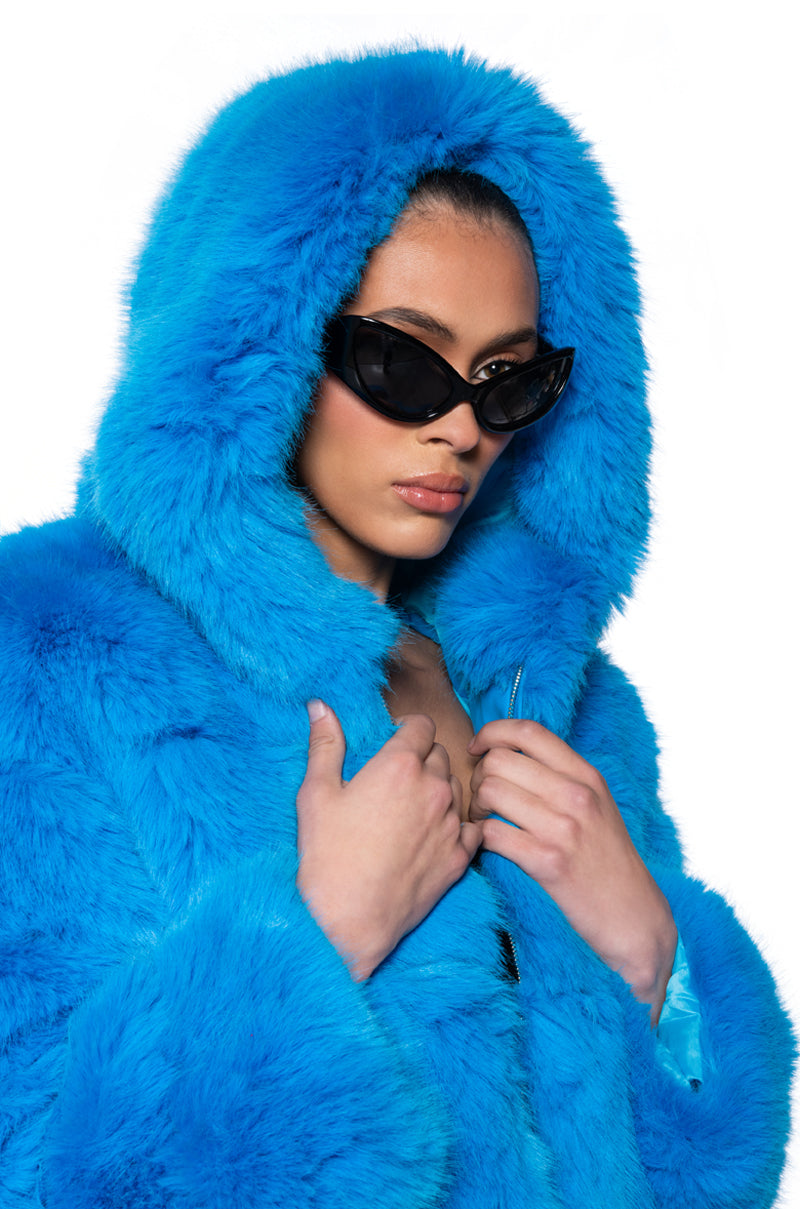 YETI FAUX FOX FUR COAT IN BLUE