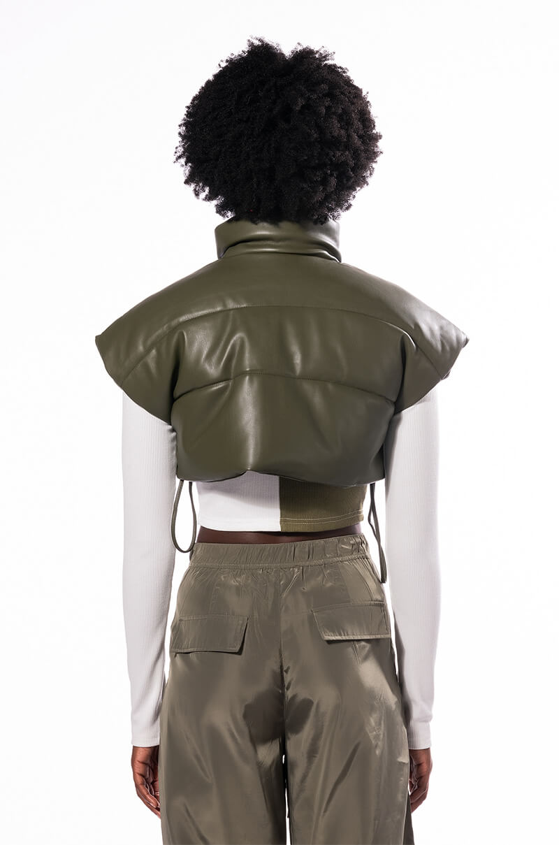 ULTRA CROP PU VEST WITH PULL STRINGS IN OLIVE