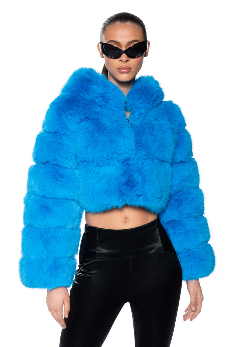 YETI FAUX FOX FUR COAT IN BLUE