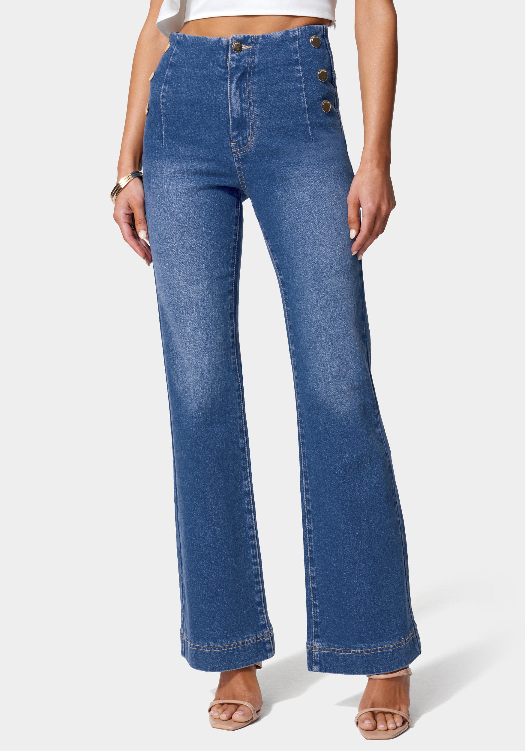 High Waist Button Detail Wide Leg Jeans