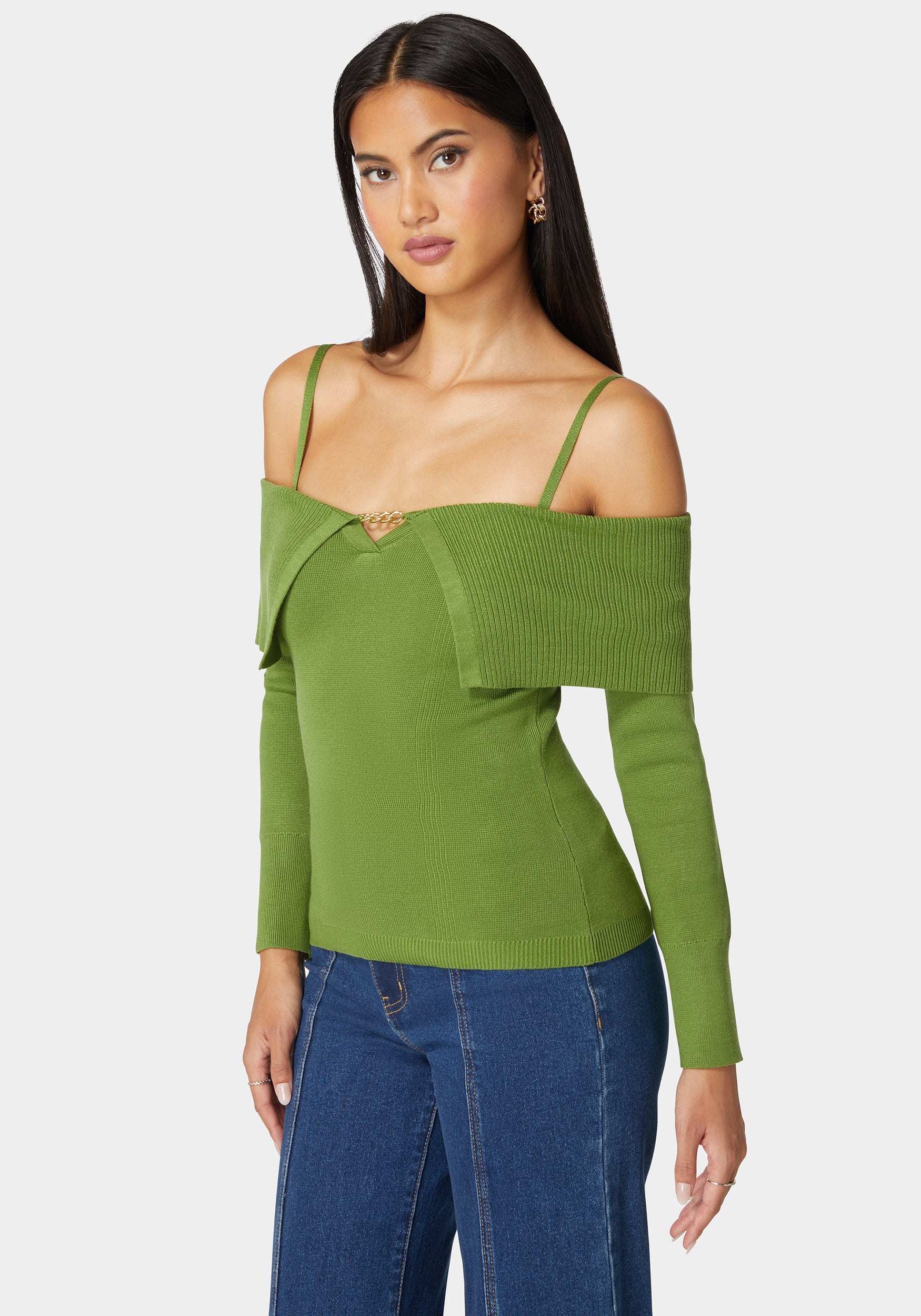 Off Shoulder Fold Over Chain Detail Sweater