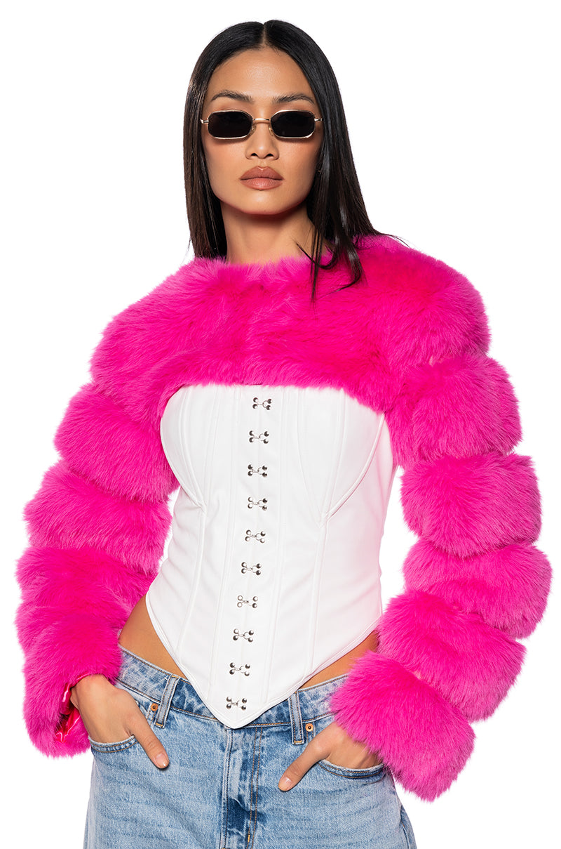 LADIES NIGHT ULTRA CROP FAUX FUR JACKET