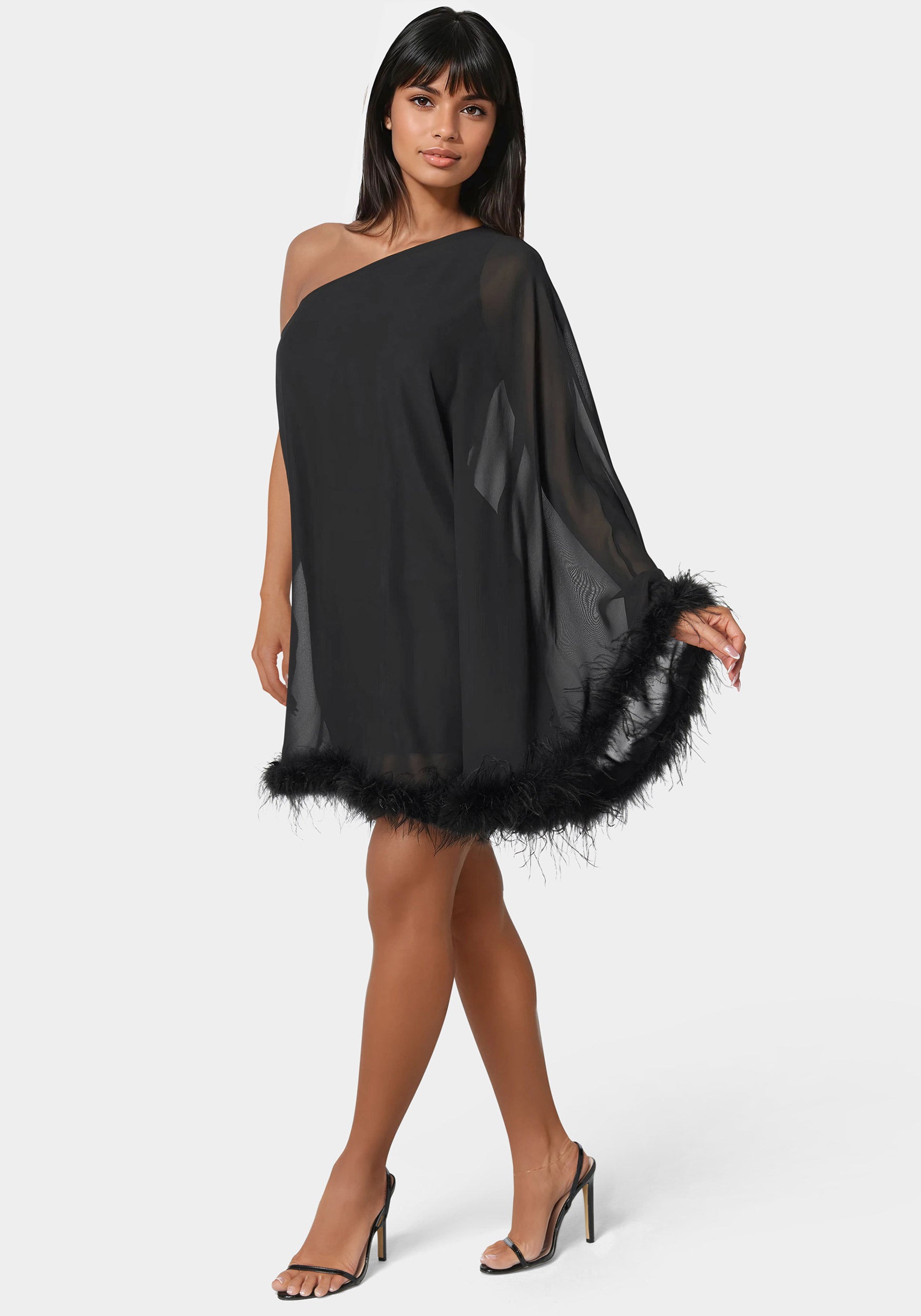 One Shoulder Feather Cape Dress