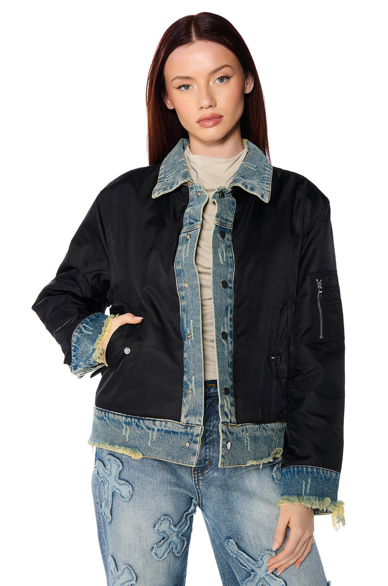 WORTH THE WAIT REVERSIBLE DENIM BOMBER JACKET