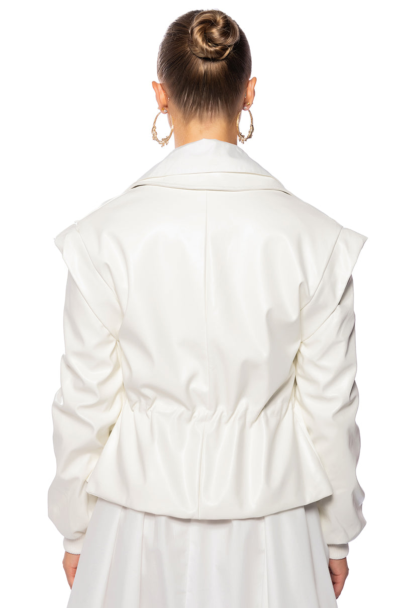 KINTSUGI WHITE PLEATHER MOTO JACKET