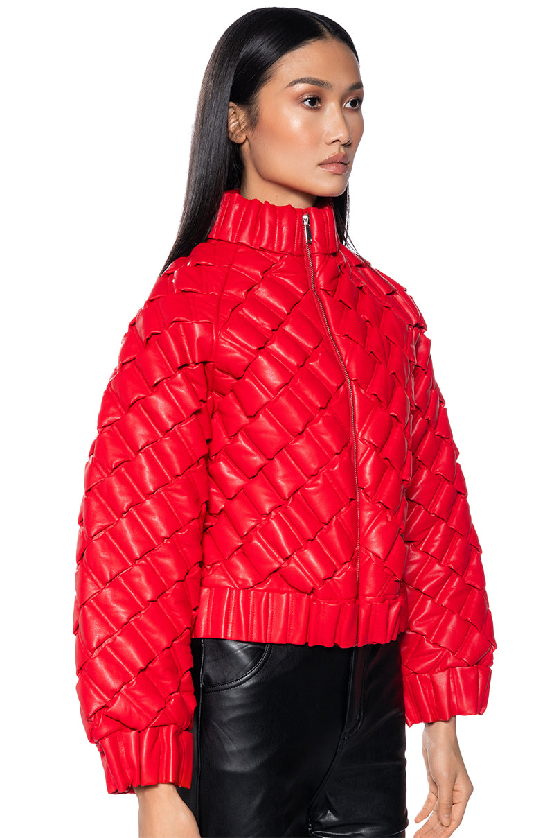 BIRTHDAY COLLECTION PU WEAVE PUFFER BOMBER IN RED