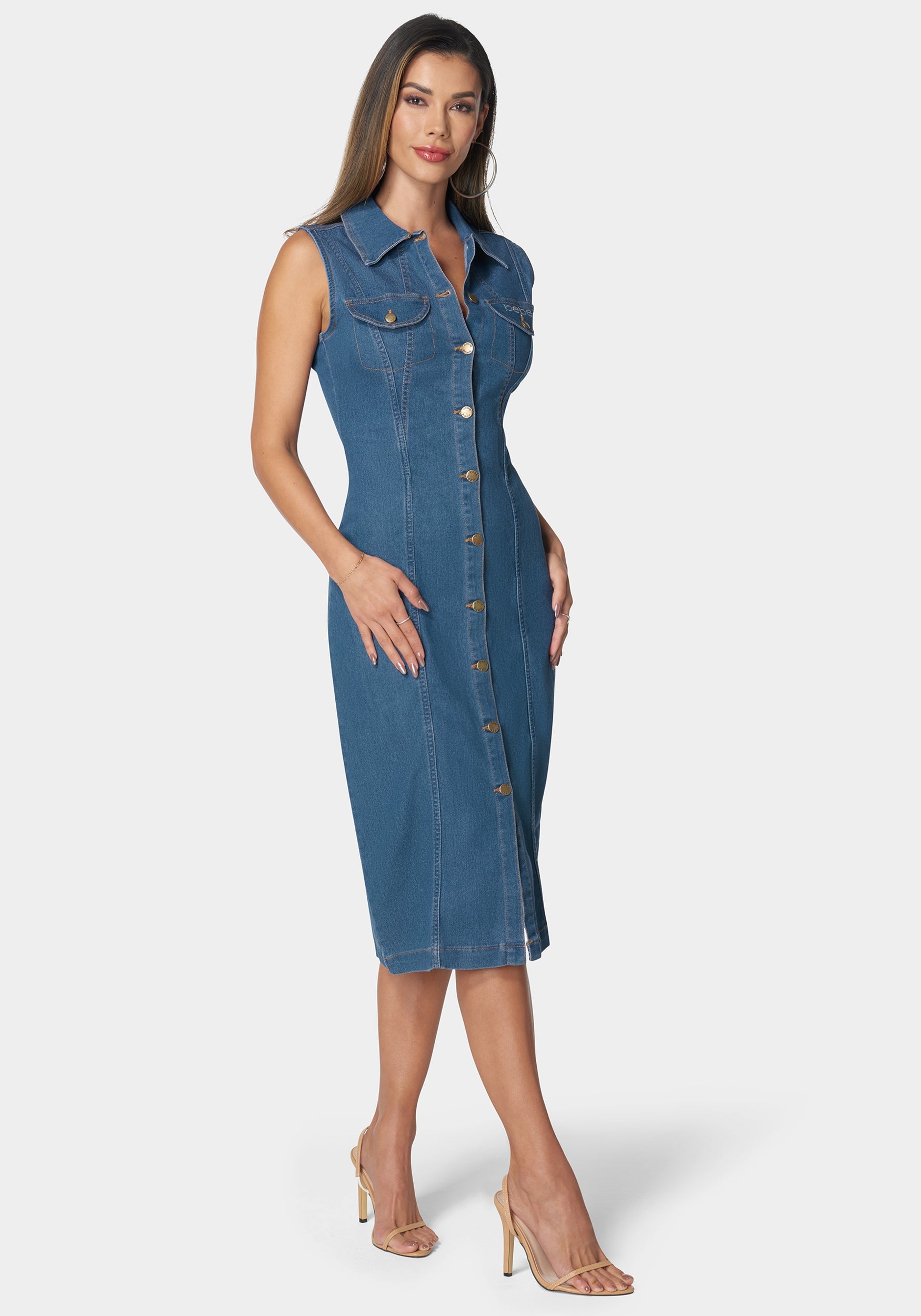 Sleeveless Front Button Denim Dress