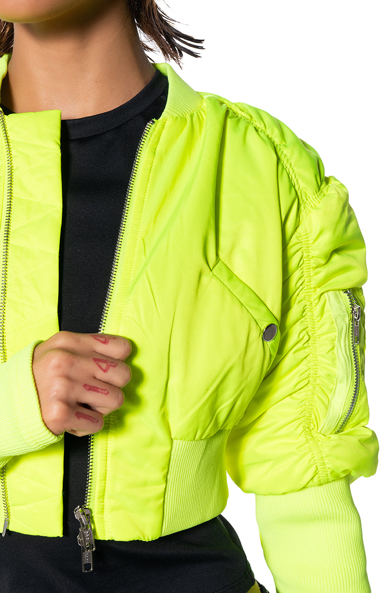 BABBS SKINNY ARM BOMBER JACKET IN NEON YELLOW