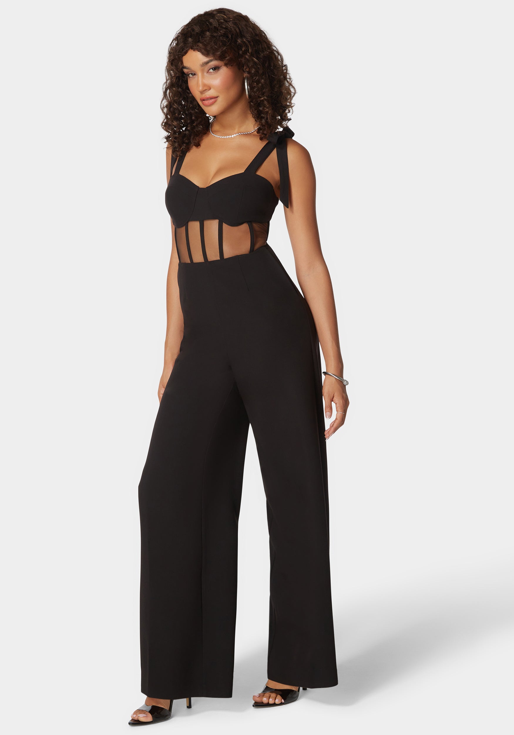 Self Tie Strap Corset Wide Leg Jumpsuit