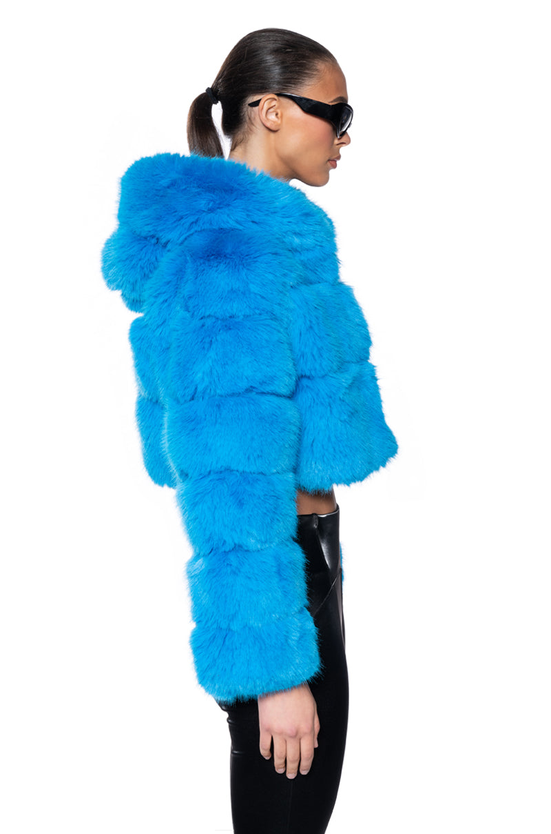 YETI FAUX FOX FUR COAT IN BLUE