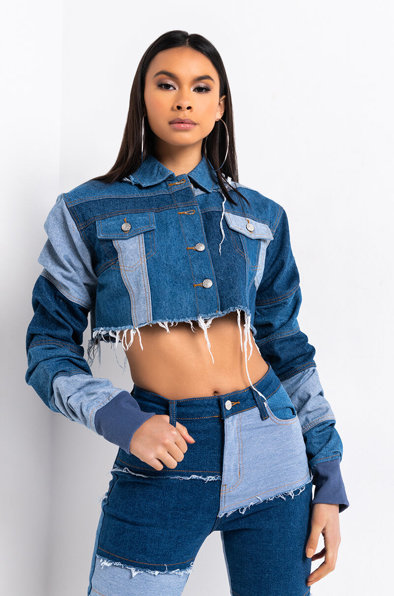 STACKED PATCH WORK CROP DENIM JACKET