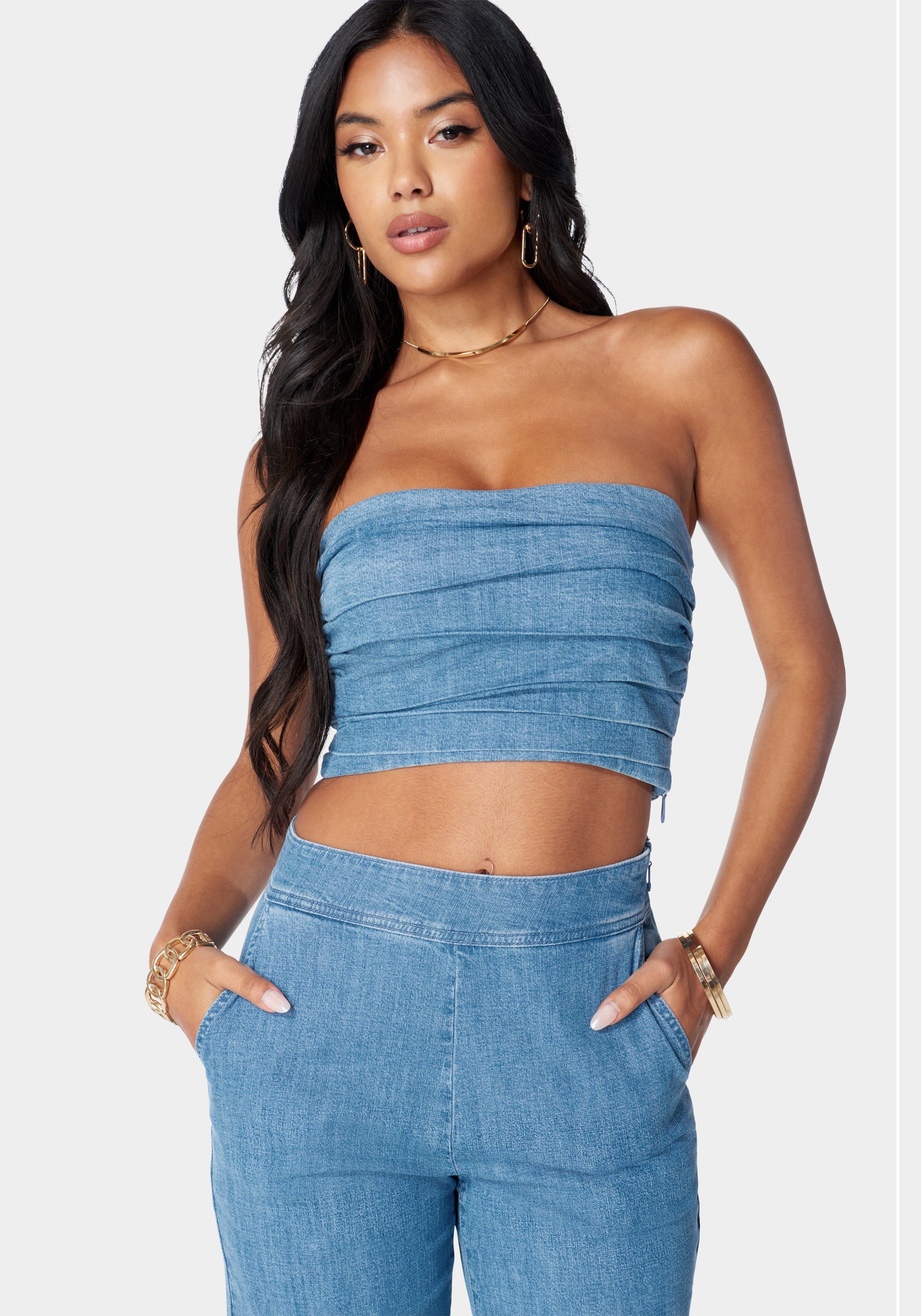 Pleated Bandeau Denim Top