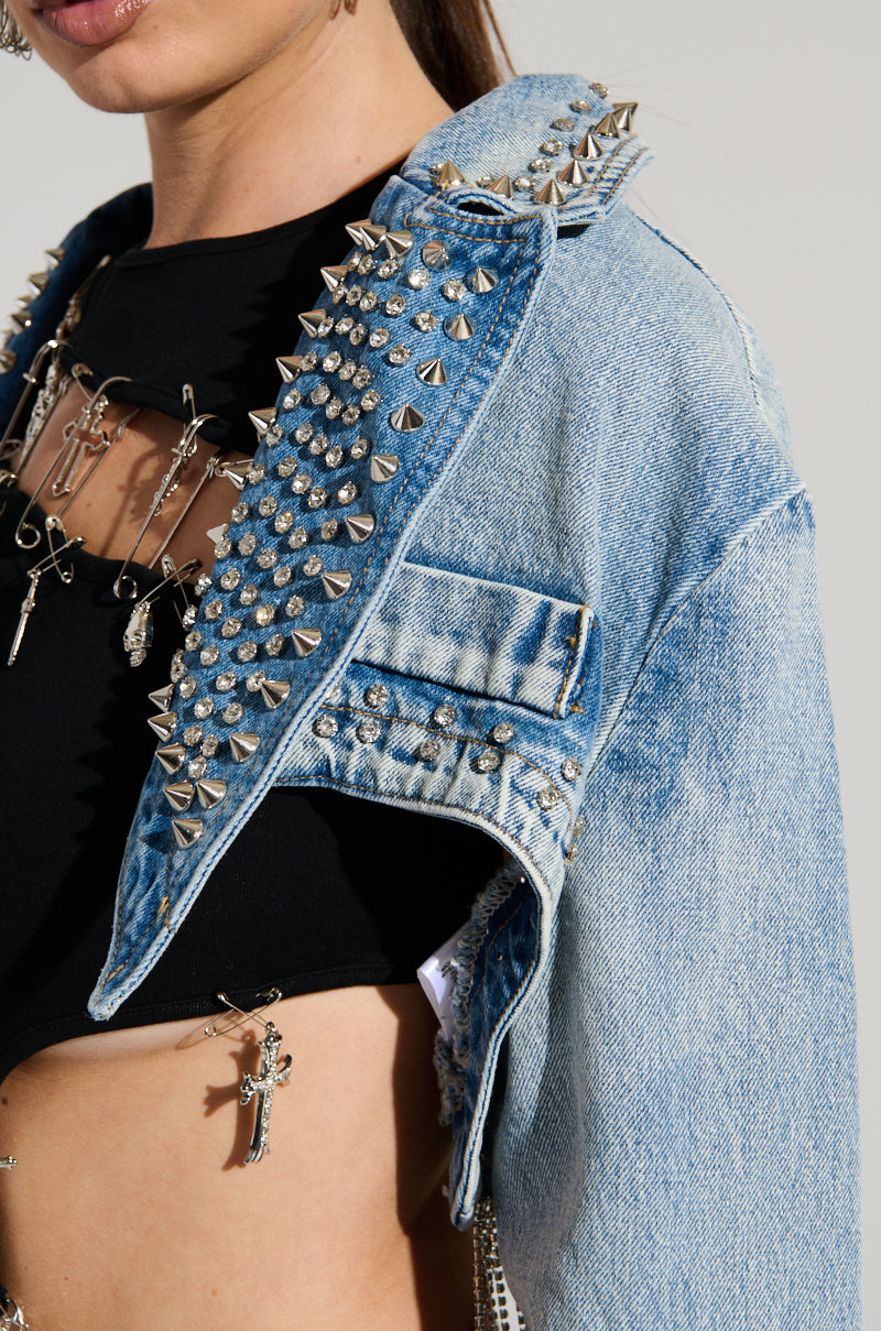 WATERFALL RHINESTONE CROPPED DENIM JACKET