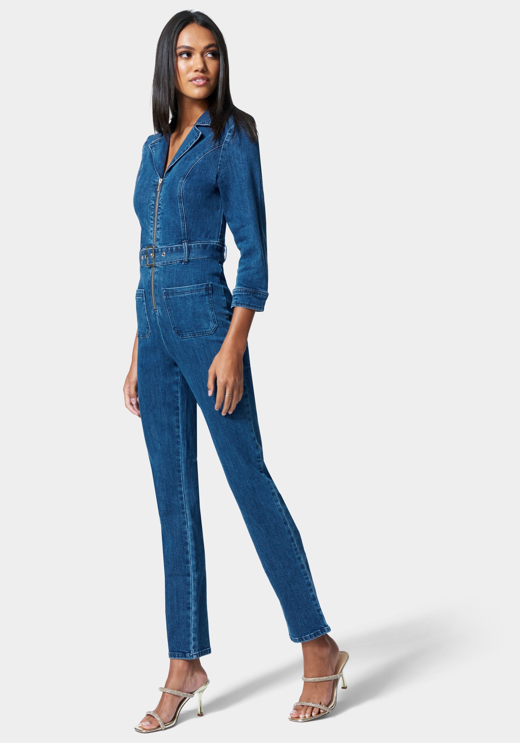 Zip Front Belted Skinny Leg Denim Jumpsuit