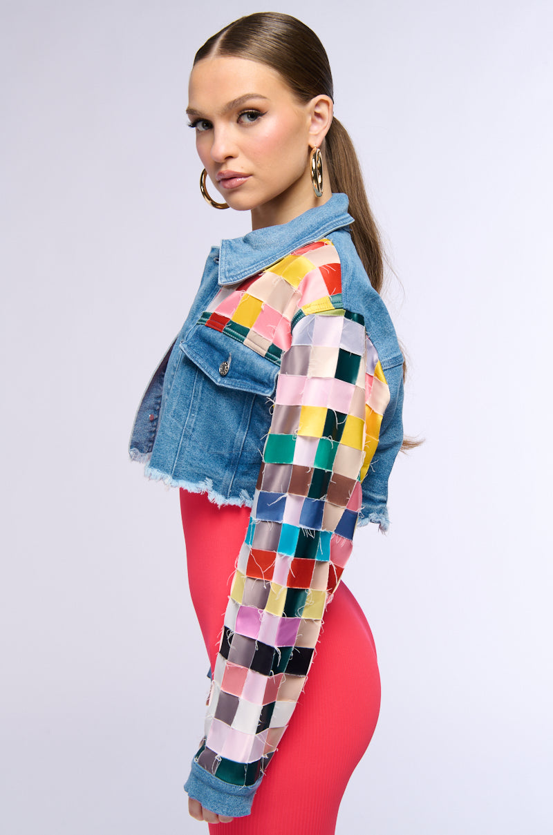 SATIN CHECKERED WEAVE CROP DENIM JACKET