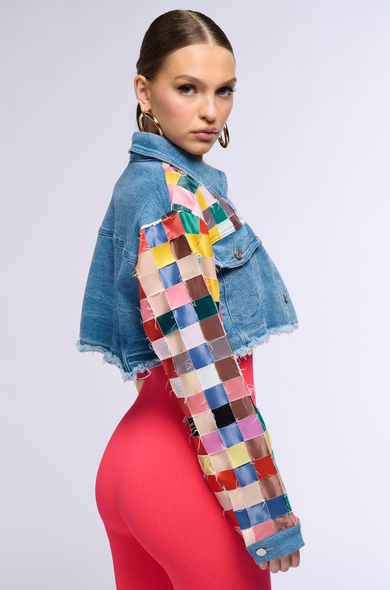 SATIN CHECKERED WEAVE CROP DENIM JACKET