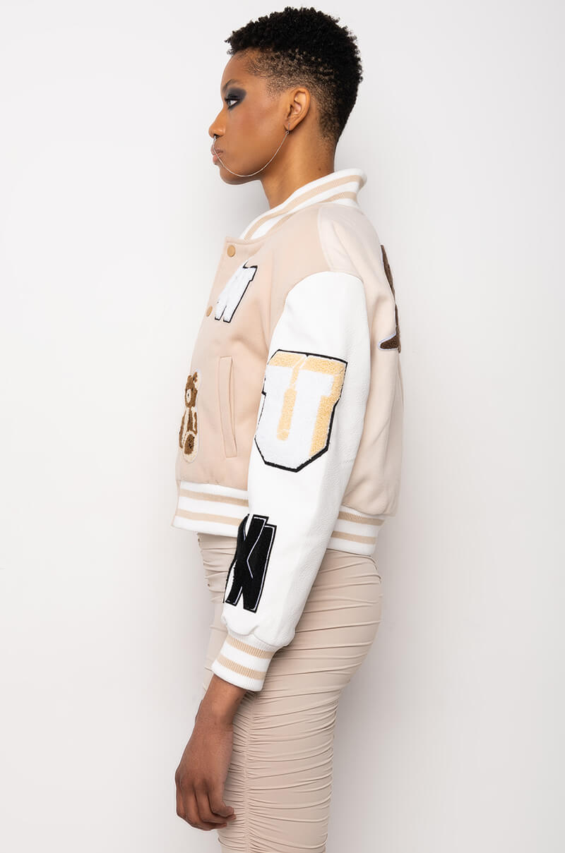 AZALEA WANG BEIGE RUELA VARSITY JACKET