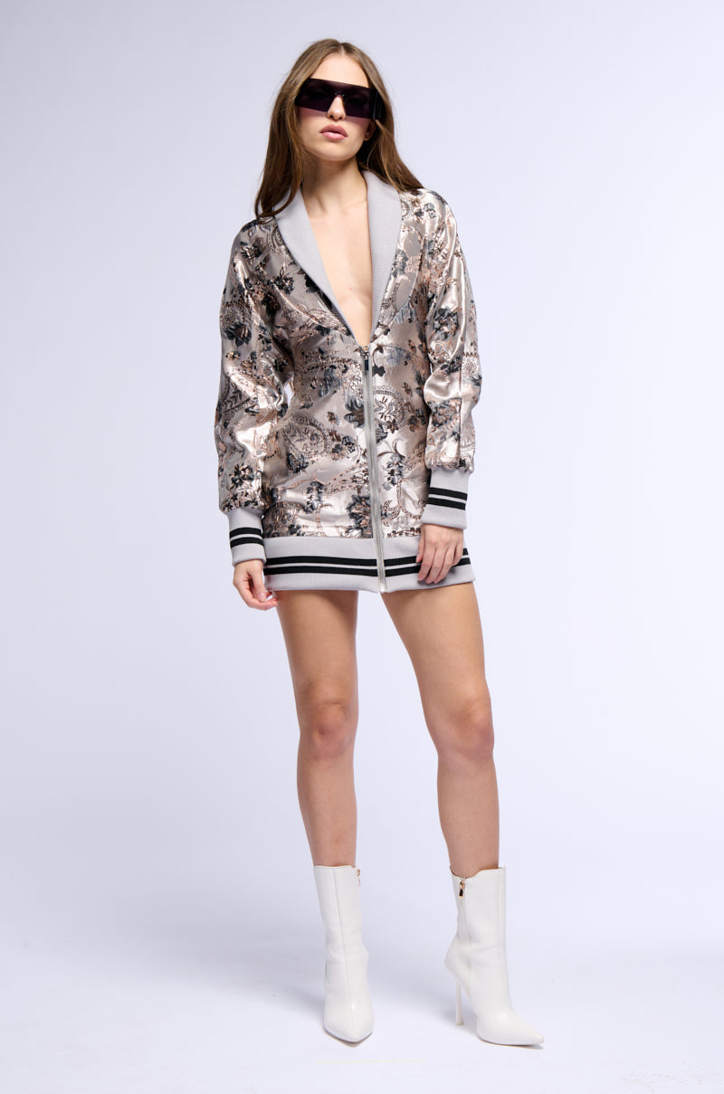 VARSITY BOMBER BROCADE DRESS WITH RIBBED TRIM