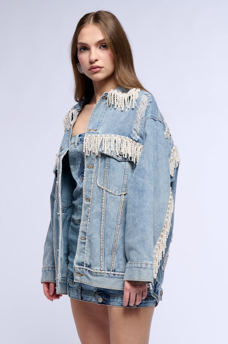 SHOW STOPPER PEARL EMBELLISHED DENIM JACKET