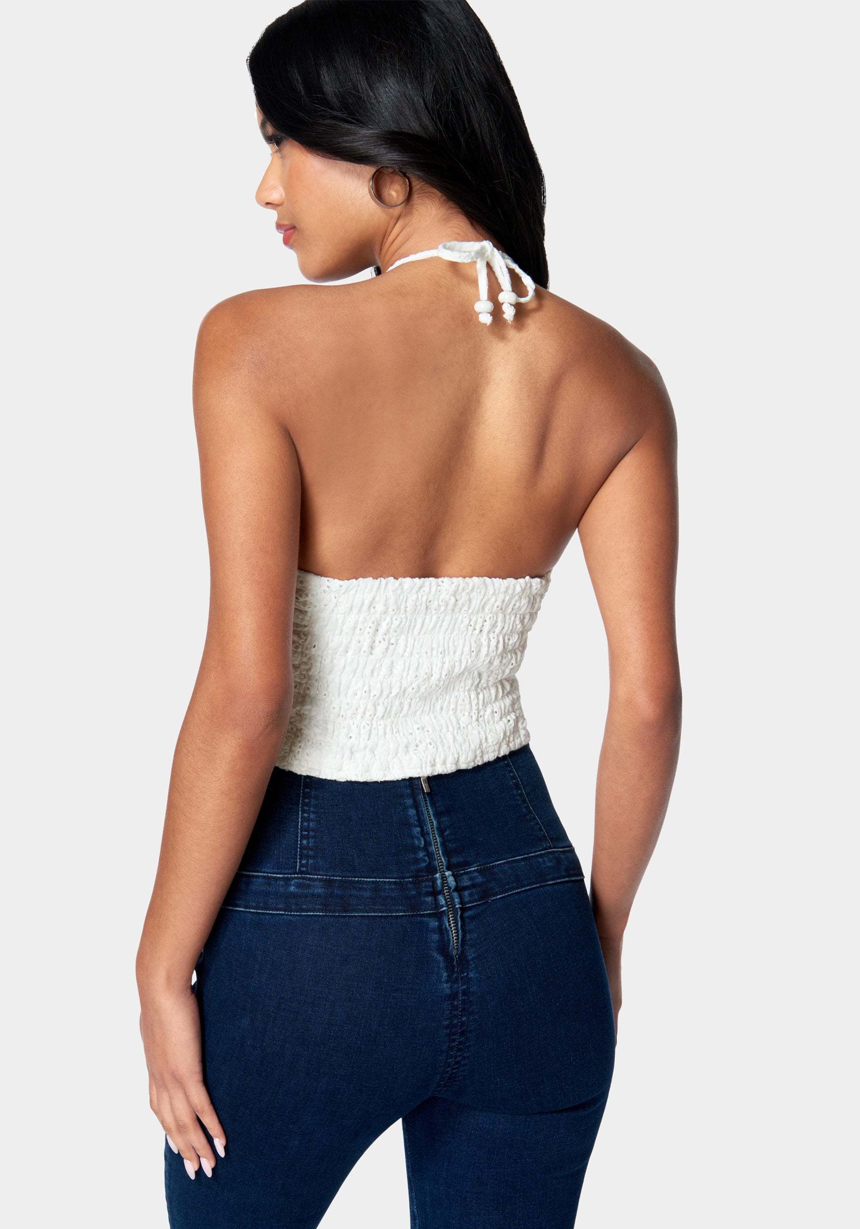 Eyelet Tie Back Ruched Halter Top