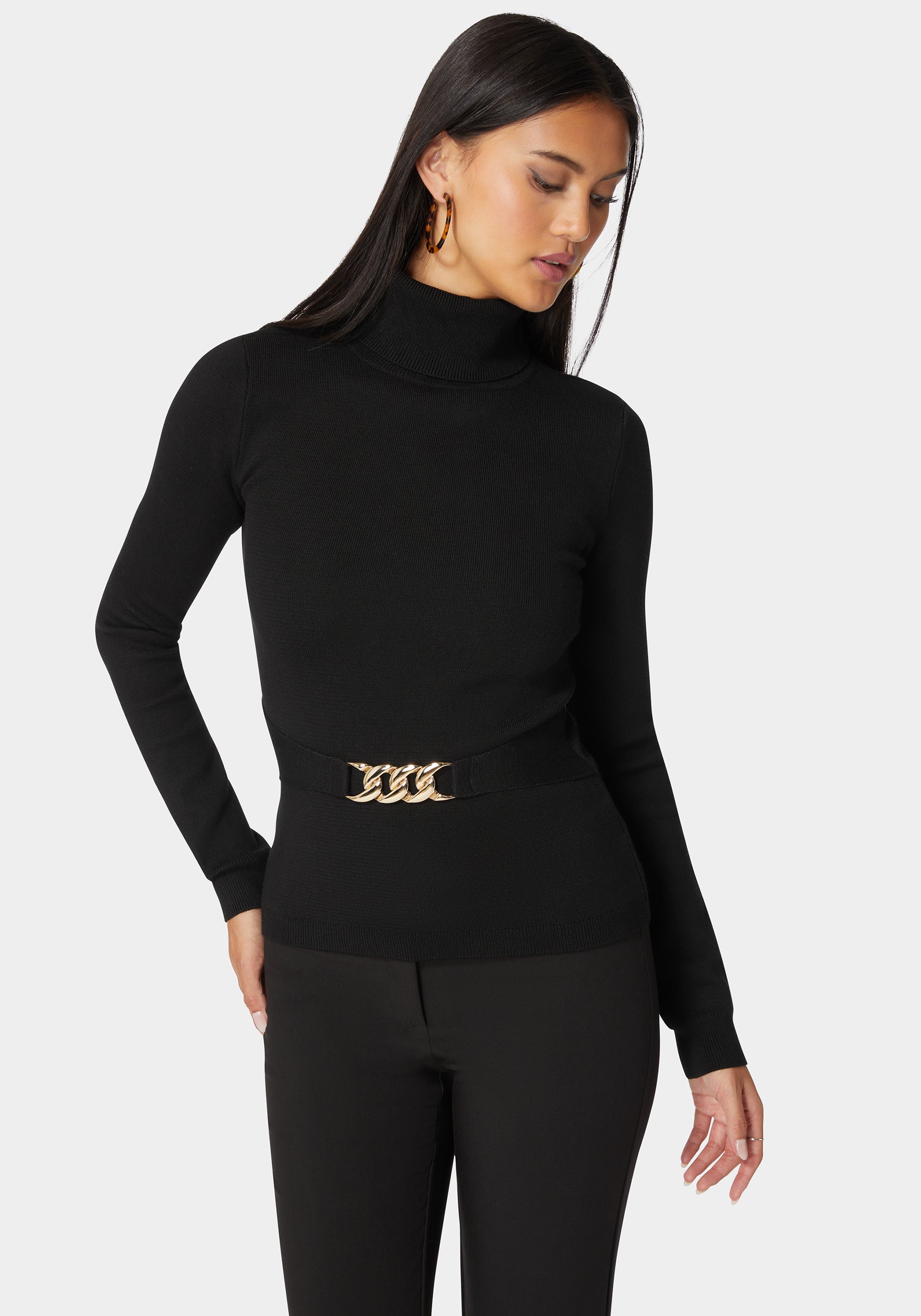 Fitted Turtle Neck Ornate Belt Sweater